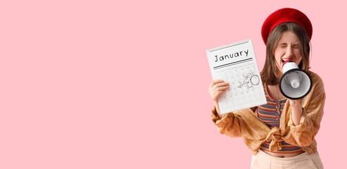 Young woman with calendar shouting into megaphone on pink background with space for text. Artist as Outlaw Day