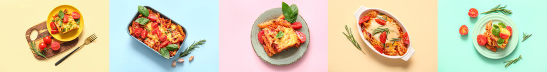 Set of tasty baked pasta with cheese and tomatoes on color background, top view