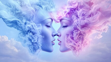 Surreal faces in clouds of pink and blue smoke create a dreamlike fusion of ethereal beauty and symmetry.