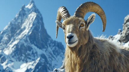 Fototapeta premium A close-up of a mountain goats majestic horns and thick fur, set against the backdrop of a clear blue sky and jagged mountain cliffs.