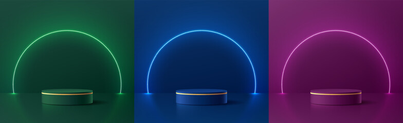 Set of 3D dark green, blue, purple cylindrical podium background with round glow neon light backdrop wall scene. Minimalist mockup pedestal, Abstract product display presentation, Stage for showcase.