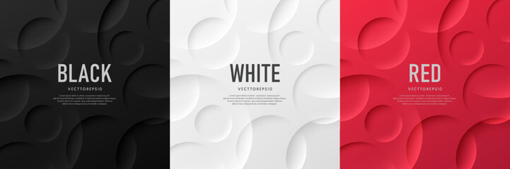 Set of red, black and white abstract background 3D round circles pattern with light, shadow. Neumorphism style. Simple template banner collection design. Modern futuristic concept. Vector illustration