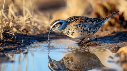 Obraz premium A close-up of a Northern Bobwhite drinking from a puddle in the arid Texas landscape, surrounded by dry grass and cacti.