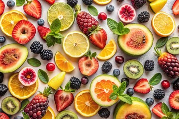 Vibrant Fruit Flat Lay: Summer Citrus & Berries on White