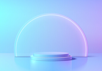Blue 3D cylindrical podium background with neon light, Semi circle backdrop wall scene. Minimalist mockup pedestal, Abstract stand product display presentation, Stage showcase. Platforms vector design