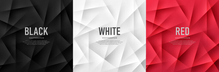 Set of red, black and silver white abstract background with dynamic polygonal stripes lighting and shadow. Simple luxury template banner design. Modern futuristic concept. Vector illustration.