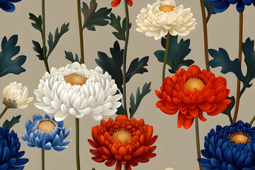 Illustration of Red, White, and Blue Chrysanthemum Flowers with Dark Green Leaves on a Beige Background