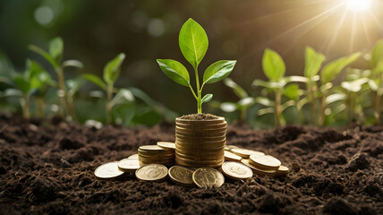 Seedlings growing in a pile of coins lying on the ground. Green investment concept, Adding money to invest. Long term financial growth concept.