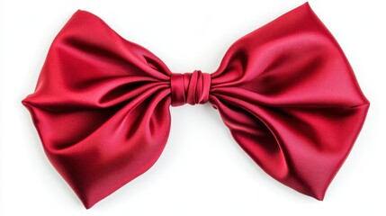 A close-up of a red satin bow with crisp loops and flowing tails, isolated on a white background, symbolizing luxury and celebration.