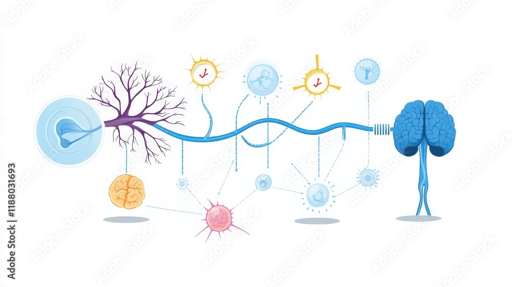 Poster diagram illustrating neural connections in the human body depicting brain, neurons, and signals with