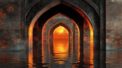 Ancient Archway Leading to Sunset Over Water
