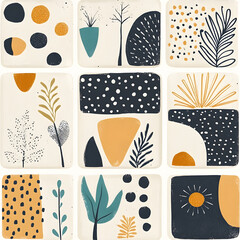 Collection of Tile Patterns Featuring Intricate Geometric and Floral Motifs, Hand-Drawn Doodles, and Traditional Ethnic Designs in Muted and Vibrant Color Palettes