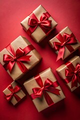 Top view photo of decorations gift boxes with red ribbon bow on dark red background.