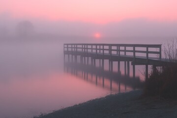 Obraz premium Wooden pier extending into a foggy lake at sunrise