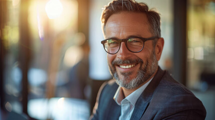 Fototapeta premium Smiling mature man with glasses and beard outdoors in soft light radiating positivist and warmth