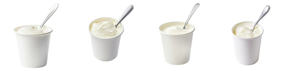 Creamy Yogurt in Contemporary White Cups with Spoons on Minimalist Background