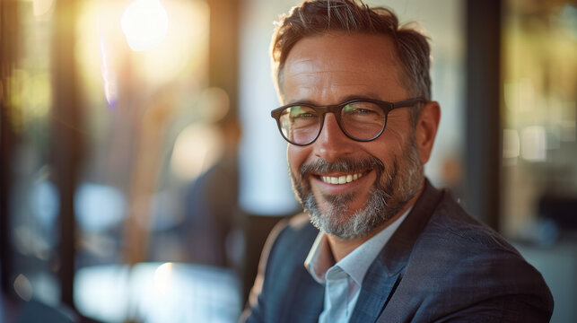 Smiling mature man with glasses and beard outdoors in soft light radiating positivist and warmth
