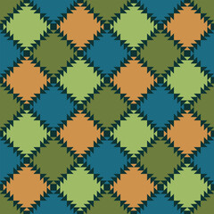 ethnic carpet. geometric ornament. vector seamless pattern. repetitive background. patchwork fabric swatch. wrapping paper. continuous print. textile design template. green, blue, orange colors