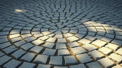 A circular pattern of rectangular stone pavers laid in a circular pattern, showcasing the intricate design and the play of light and shadow.