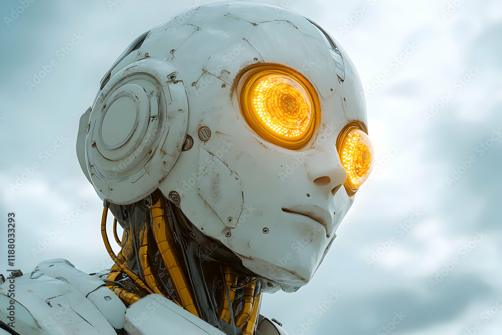 Poster close-up of a humanoid robot with glowing eyes, set against a cloudy sky. futuristic and technologic