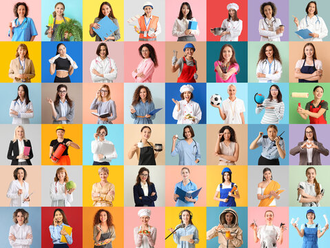 Many women of different professions on color background. Women's History Month