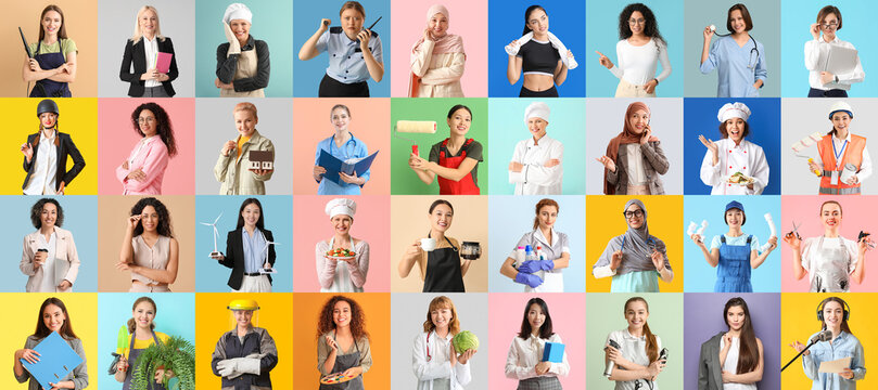 Many women of different professions on color background. Women's History Month
