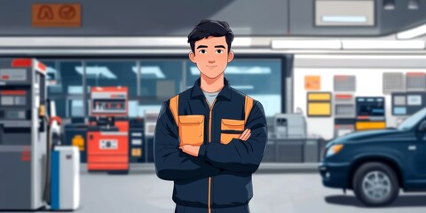 Fototapeta premium Gas station worker wearing uniform smiling