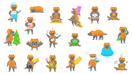 Big Set Abstract Collection Flat Cartoon Different Animal Wolverines Vector Design Style Elements Fauna Wildlife