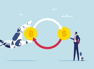 Businessman and robot with artificial intelligence. Currency exchange. Bitcoin to dollar concept, money conversion