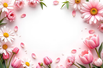 Fototapeta premium frame crafted from blooming cherry blossoms, daisies, and tulips, with a soft pastel background and scattered petals