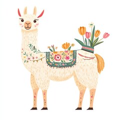 A whimsical llama adorned with flowers and vibrant patterns in a playful style.