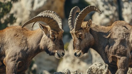 A close-up of two male Iberian ibex with their horns locked in a fierce battle, the jagged rock formations of El Torcal looming in the background.