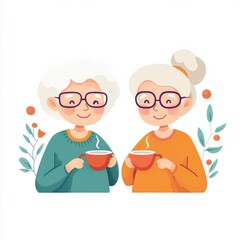 Two cheerful elderly women enjoying tea together, showcasing friendship and warmth with colorful sweaters and cute glasses, surrounded by nature-inspired elements.