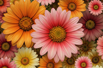 The photo shows a vibrant and colorful arrangement of daisies. There are various shades of pink, orange, and yellow daisies densely packed together, creating a beautiful and cheerful pattern. The imag