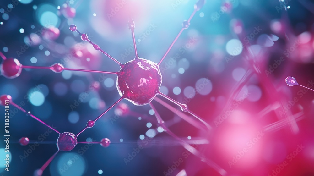Poster abstract representation of molecular structure with glowing elements in a colorful scene, perfect fo