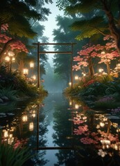 A beautiful garden reflected in the mirror's surface, but with towering trees that seem to be made of crystal and flowers that glow like lanterns, glowing flowers, dreamlike botanicals