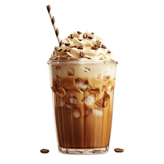 Delicious Iced Coffee Beverage with Whipped Cream and Chocolate Drizzle in Glass Cup on Transparent Background