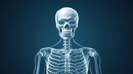 Fototapeta premium Human Skeleton Illustration with Transparent Anatomy Showing Detailed Structure and Design in a Dark Blue Background for Educational and Medical Use