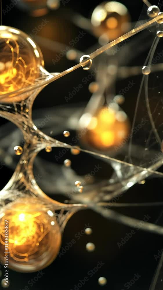 Poster complex structure of glowing golden spheres connected by intricate webs in a dark setting