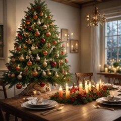 A beautifully decorated Christmas tree sits atop a festive holiday table, surrounded by garlands and candles, garland decorations, christmas tree centerpiece