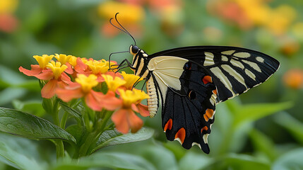 Close-up of a striking black, white, and orange butterfly delicately perched on a vibrant yellow and orange flower in a lush garden.