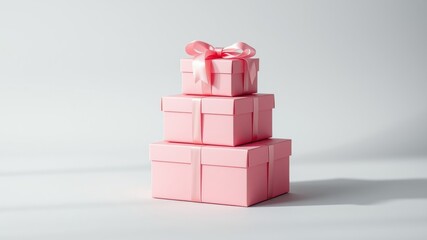 A stack of pink gift boxes adorned with a satin bow on top, set against a plain white background.