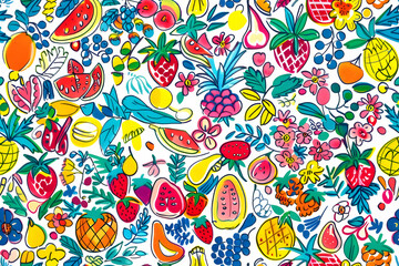 Illustration - Vibrant Fruits and Flowers Seamless Pattern Background