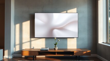 Modern Living Room Interior with a Flat Screen Television Mounted on a Concrete Wall, a Wooden Media Console, and Sunlight Streaming Through a Large Window