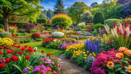 Fototapeta premium A blooming garden in full color with vibrant flowers and lush greenery, view, growth, colorful, new beginnings