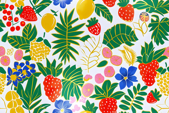 Illustration Background - Vibrant Tropical Fruit, Flowers, and Leaves Pattern
