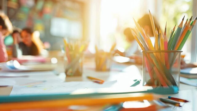 Vibrant Classroom Art Supplies in Sunlit School Setting