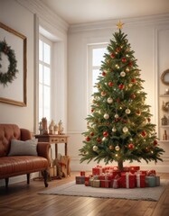A decorated Christmas tree in a bright and airy room , decorated Christmas tree, Christmas Eve, holiday season