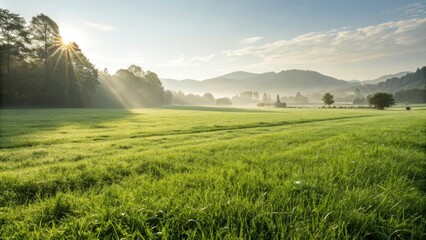 Fototapeta premium A delicate balance of nature with a gentle sun shining down on a lush natural grass field, peaceful scene, outdoor landscape, green, grassland