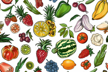 Illustration - Vibrant Fruits and Vegetables Background Pattern with Watermelon, Strawberry, Pineapple, and Grapes